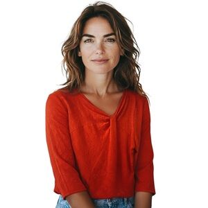 Libra Vibrant Red Ribbed Blouse with 3/4 Sleeves and Tie Front